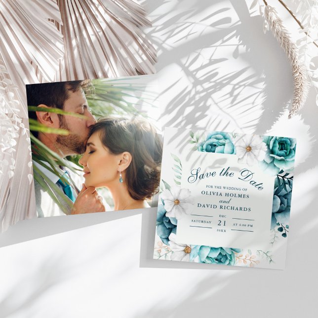 Teal Wildflower Photo Save the Date Card (Teal Wildflowers Couple Photo Save The Date Card on a sunny white table.)