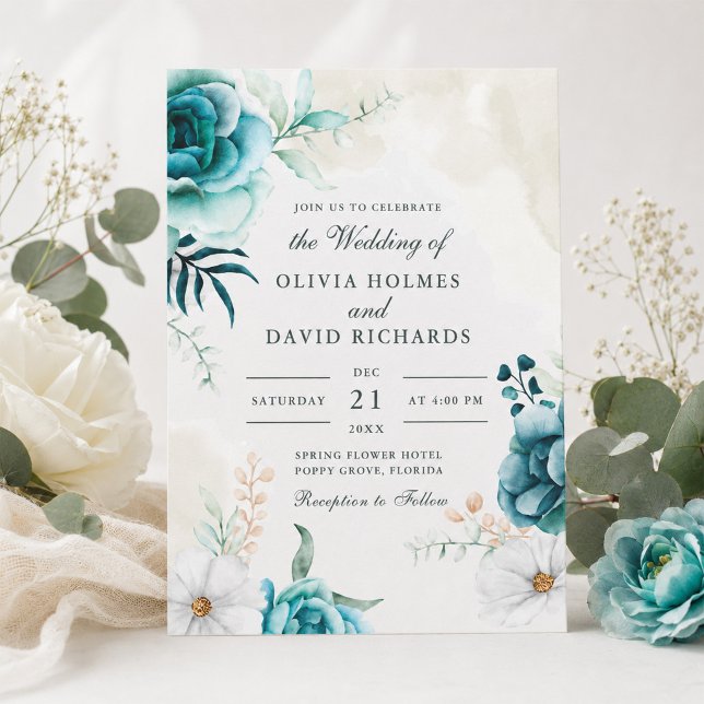 Teal Wildflower Wedding Invitation | Boho Garden (Teal Wildflower Wedding Invitation | Boho Garden)