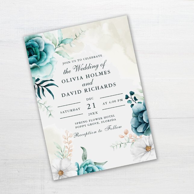Teal Wildflower Wedding Invitation | Boho Garden (Teal and Off-white Wildflowers Wedding Invitation on gray wooden table.)