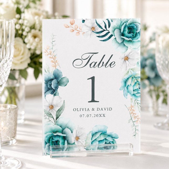 Teal Wildflower Wedding Table Number Sign (Teal Wildflower Wedding Table Number Sign)