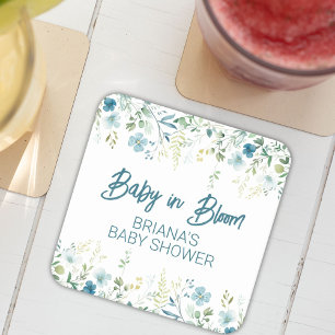 Teal Wildflowers Boy Baby Shower Square Paper Coaster