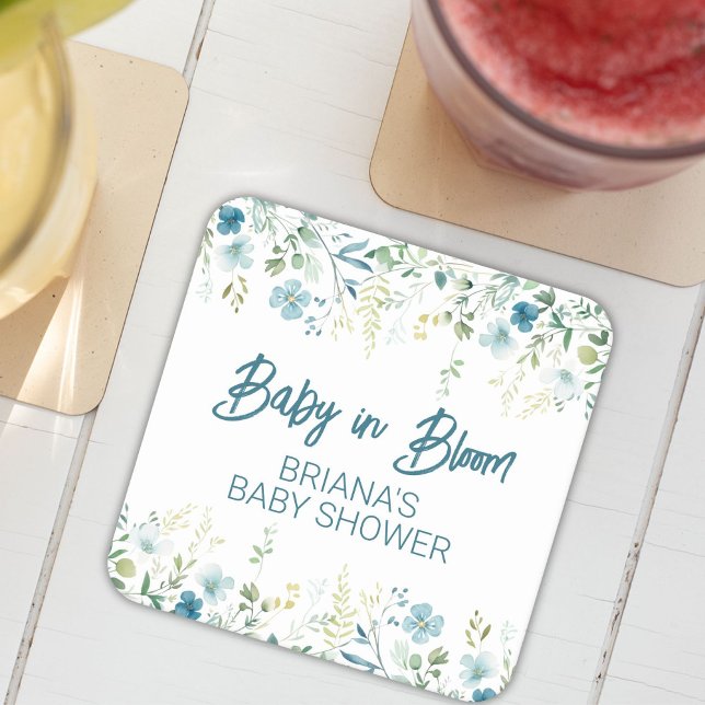 Teal Wildflowers Boy Baby Shower Square Paper Coaster (Creator Uploaded)