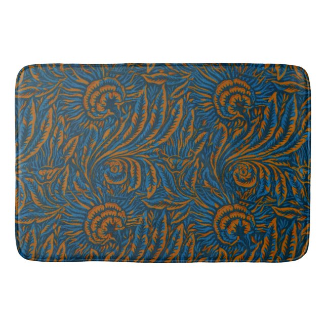 Teal William Morris Style Acanthus Leaf Botanical Bath Mat (Front)
