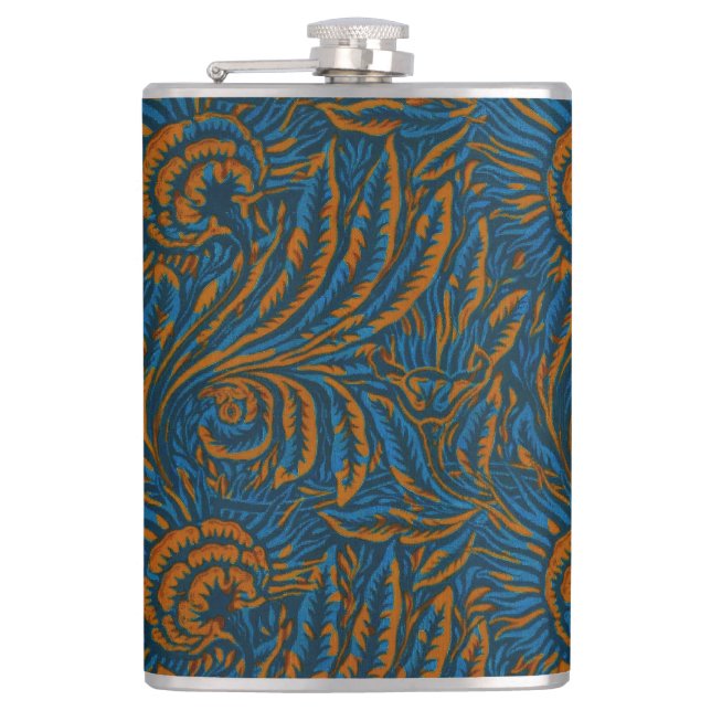 Teal William Morris Style Acanthus Leaf Botanical Hip Flask (Front)
