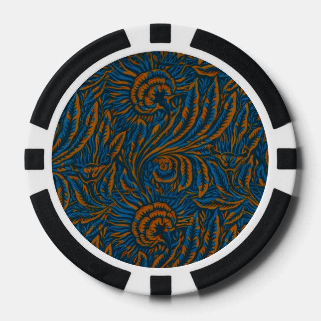 Teal William Morris Style Acanthus Leaf Botanical Poker Chips (Front)