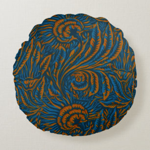 Teal William Morris Style Acanthus Leaf Botanical Round Cushion