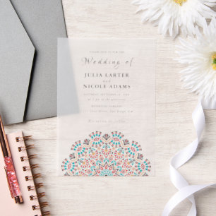 Teal & Wine Flavour Cuisine Mandala Wedding Vellum Invitations