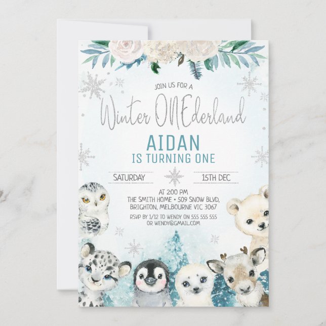 Teal Winter Animals Winter Onederland Birthday Invitation (Front)