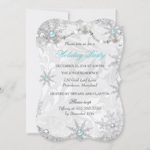 Teal Winter Wonderland Damask Holiday Party Invitation
