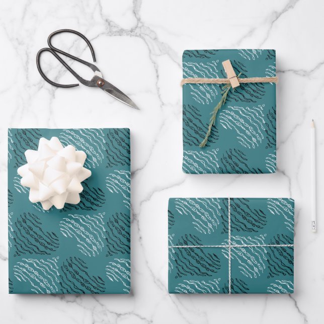 Teal With Black and White Hearts Wrapping Paper Sheet (Front)
