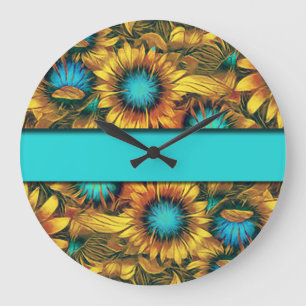 Teal With Colourful Sunflowers Large Clock