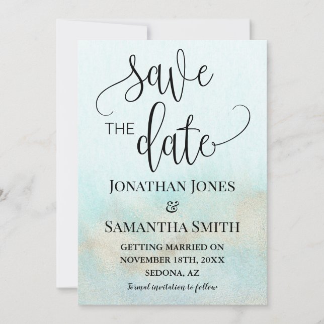Teal with Gold Ocean Wedding Beach Save The Date (Front)