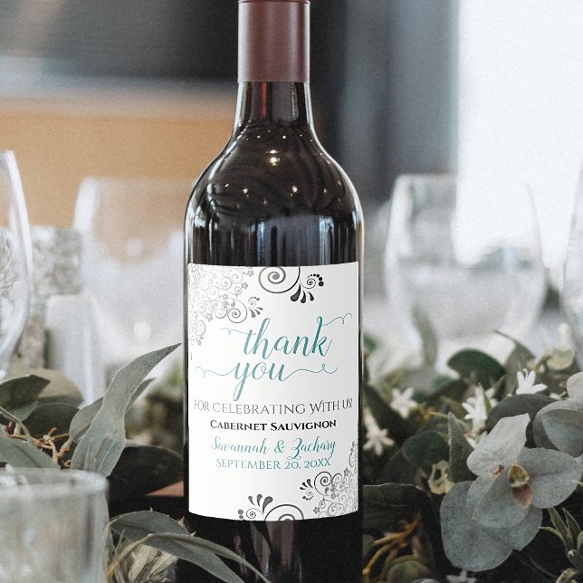 Teal with Grey Frills on White Wedding Thank You Wine Label (Creator Uploaded)