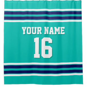 Teal with Navy White Stripes Sports Jersey Shower Curtain