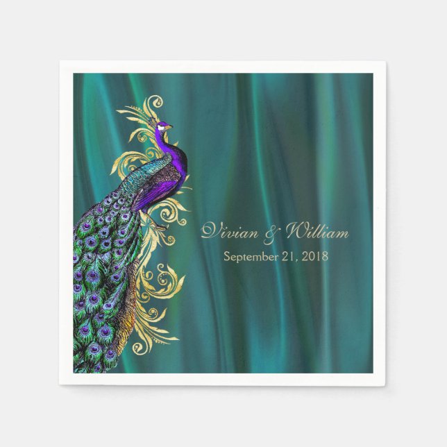 Teal with Peacock Wedding Paper Napkin (Front)