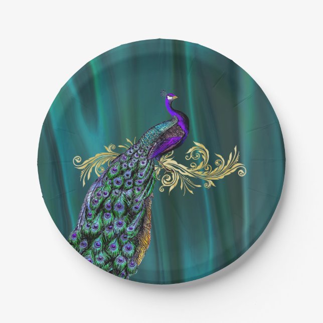 Teal with Peacock Wedding Paper Plate (Front)