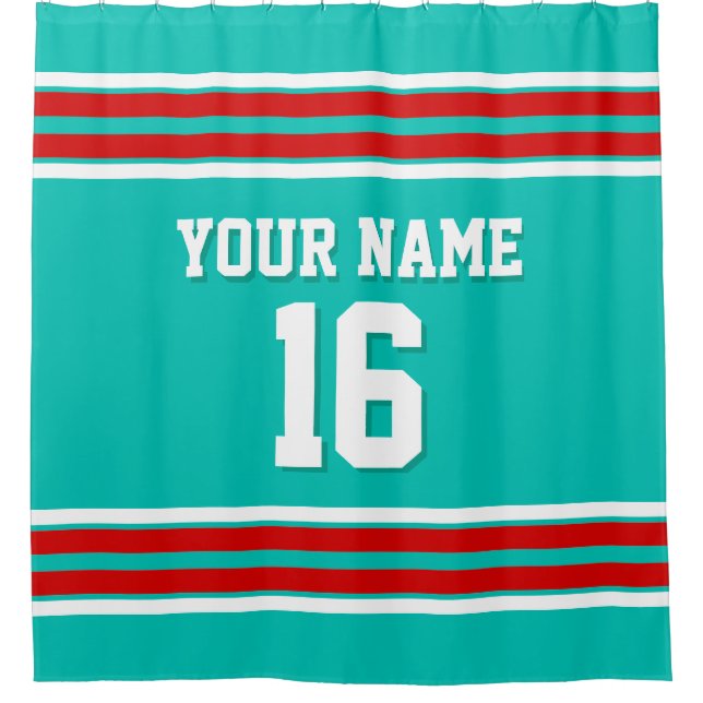 Teal with Red White Stripes Sports Jersey Shower Curtain (Front)