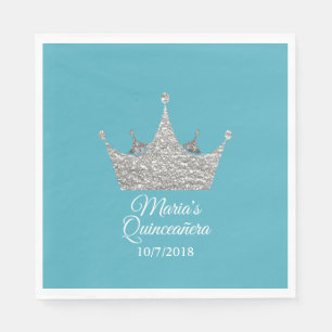 Teal with Silver Crown Crown Quinceañera  Napkin