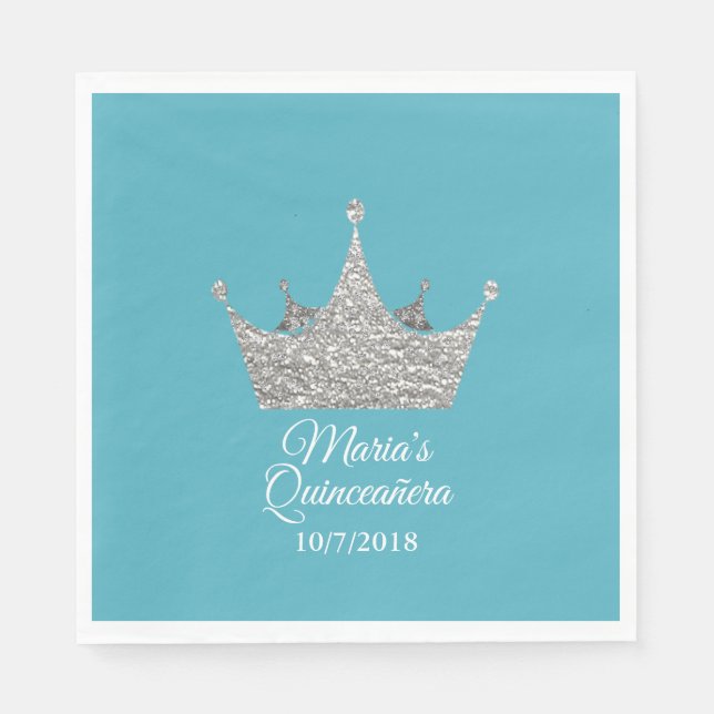 Teal with Silver Crown Crown Quinceañera  Napkin (Front)