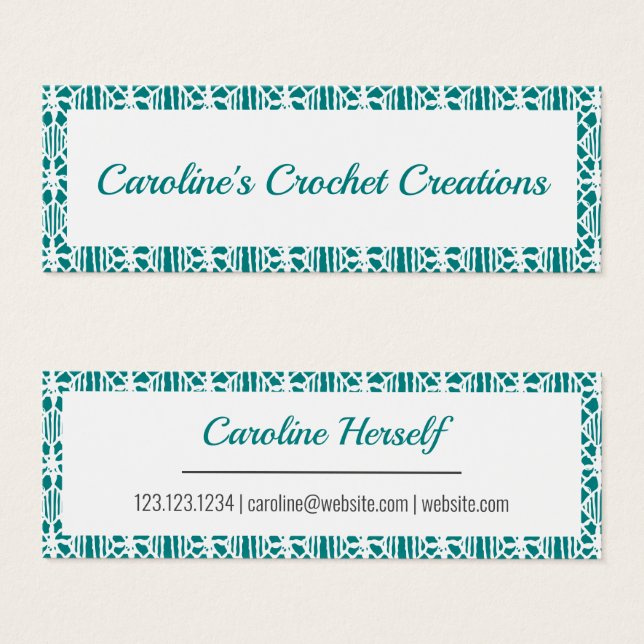 Teal With White Crochet Lace Pattern Business Card (Front & Back)