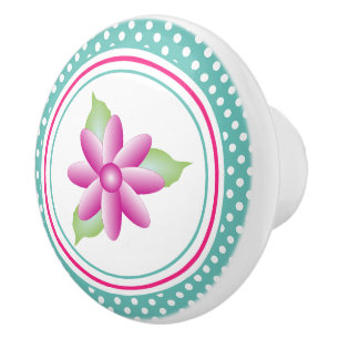 Teal With White Polka Dot and Pink Floral Ceramic Knob
