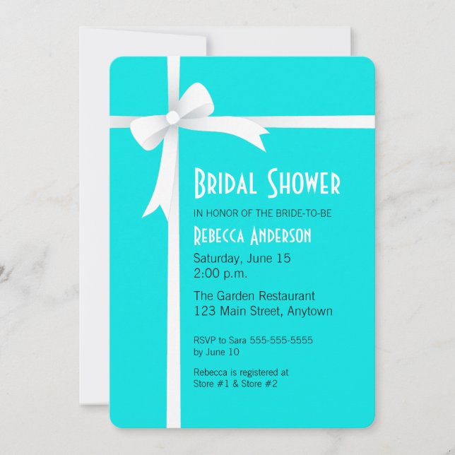 Teal with White Ribbon & Bow Bridal Shower Invitation (Front)