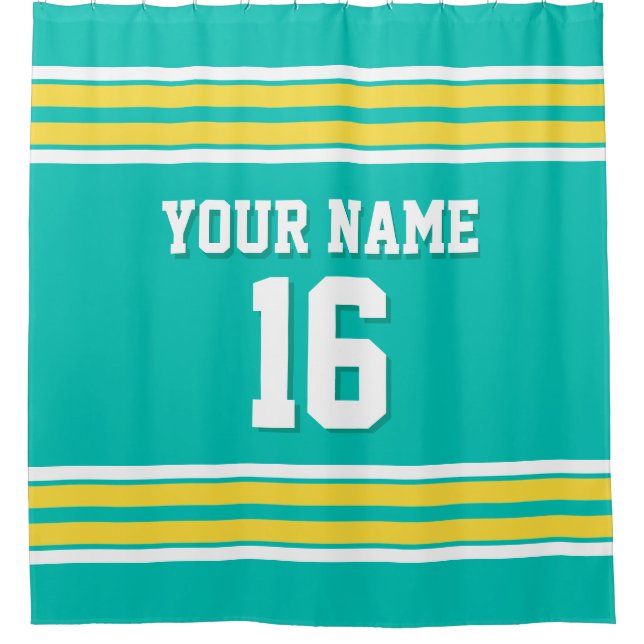 Teal with Yellow White Stripes Sports Jersey Shower Curtain (Front)