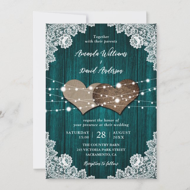 Teal Wood Burlap Floral Lace Country Wedding Invitation (Front)