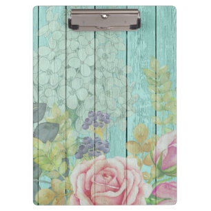 Teal Wood Effect Pink Roses Floral Bouquet Clipboard