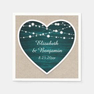 Teal Wood Heart String Lights Burlap Wedding Napkin