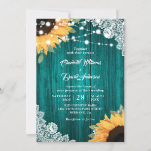 Teal Wood Lace Eucalyptus Lights Sunflower Wedding Invitation