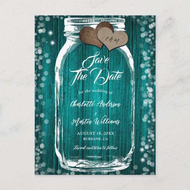 Teal Wood Mason Jar Rustic Wedding Save The Date Announcement Postcard (Front)