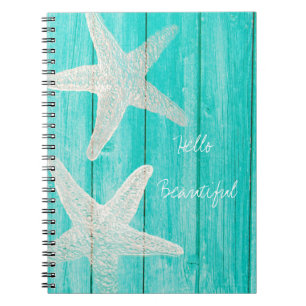 Teal Wood & Starfish Beach Elegant Chic Tropical Notebook