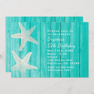 Teal Wood & Starfish Beach Elegant Invitation