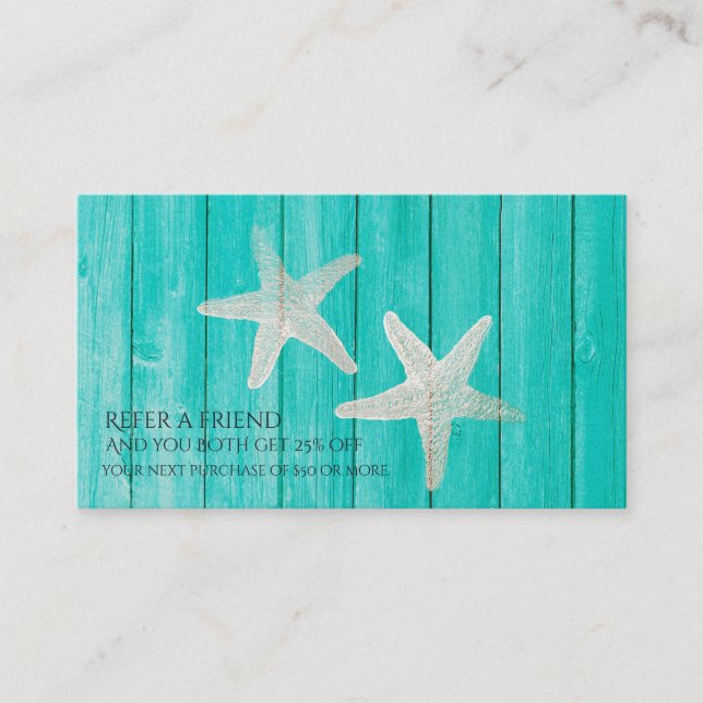 Teal Wood & Starfish Beach Elegant Refer a Friend Referral Card (Front)