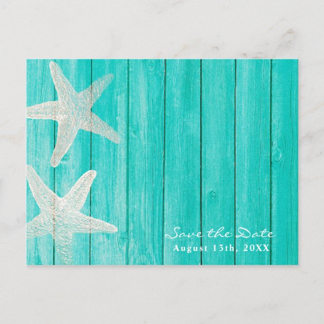 Teal Wood & Starfish Beach Elegant Save the Date Announcement Postcard (Front)