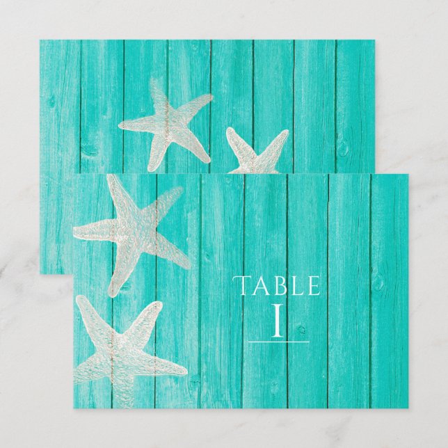 Teal Wood & Starfish Beach Elegant Table Number (Front/Back)
