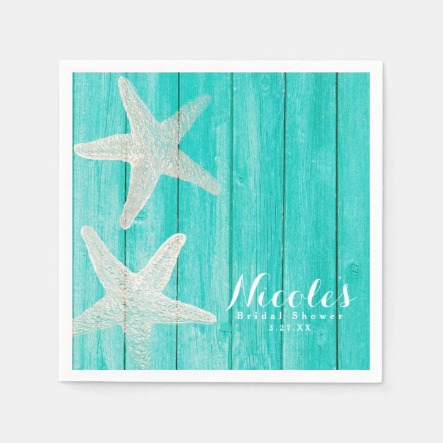 Teal Wood & Starfish Beach Elegant Tropical Chic Napkin (Front)