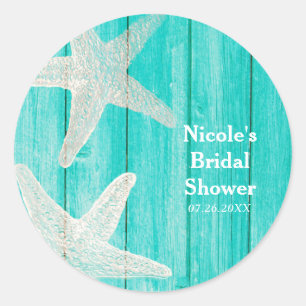 Teal Wood & Starfish Beach Elegant Tropical Favour Classic Round Sticker