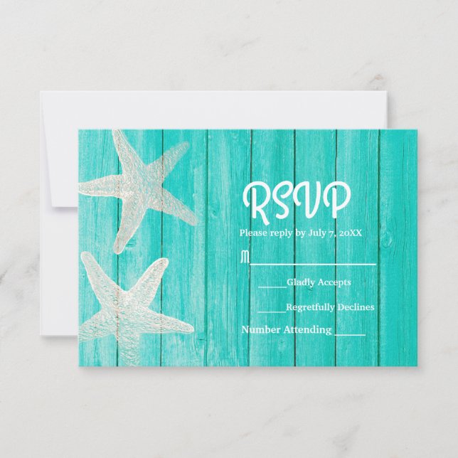 Teal Wood & Starfish Elegant Beach RSVP Card (Front)