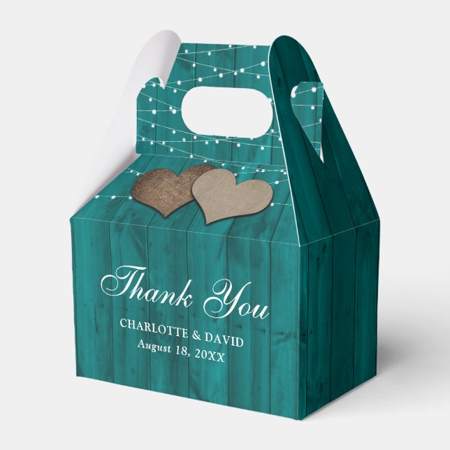 Teal Wood String Lights Wedding Thank You Favour Box (Front Side)