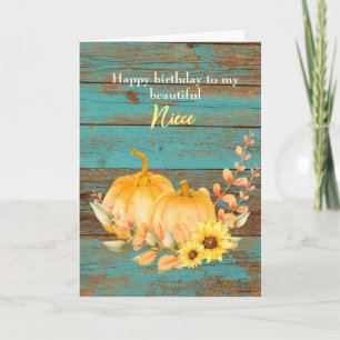 Teal Wood Sunflower Pumpkin Fall Birthday Niece Card