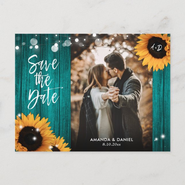 Teal Wood Sunflower Save The Date Photo Postcards (Front)