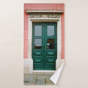TEAL WOODEN DOOR WITH WHITE STEEL WINDOW FRAME BATH TOWEL