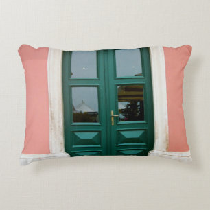 TEAL WOODEN DOOR WITH WHITE STEEL WINDOW FRAME DECORATIVE CUSHION