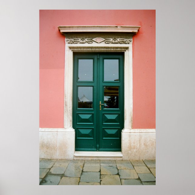 TEAL WOODEN DOOR WITH WHITE STEEL WINDOW FRAME POSTER (Front)