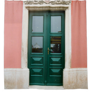TEAL WOODEN DOOR WITH WHITE STEEL WINDOW FRAME SHOWER CURTAIN