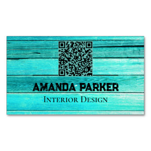 Teal Wooden Modern Simple QR Code Magnetic Business Card