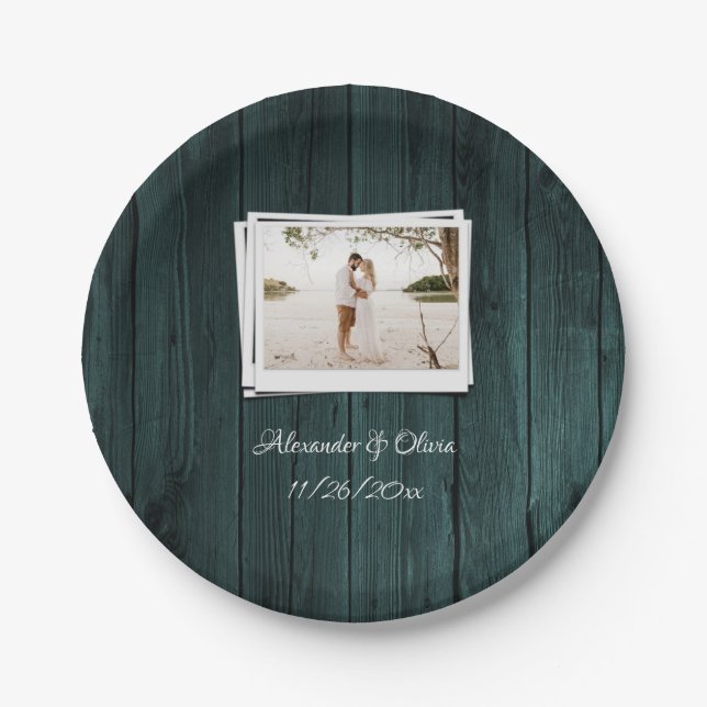 Teal Wooden Photo Bridal Shower Paper Plate (Front)