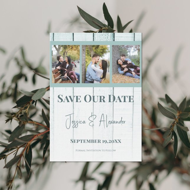 Teal Wooden Photo Collage Save The Date (Creator Uploaded)